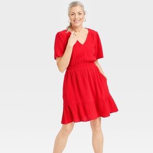 Red Flutter Short-Sleeve Gauze A-line Dress Knox Rose